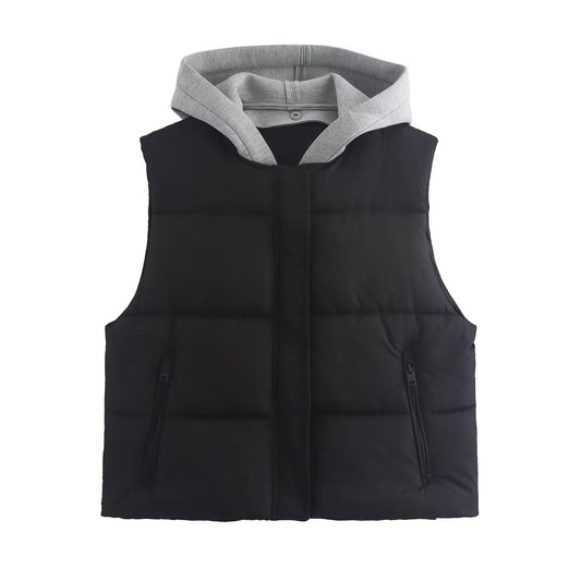 European And American Style Stylish Simple And Versatile Hooded Stitching Cotton-padded Jacket Vest