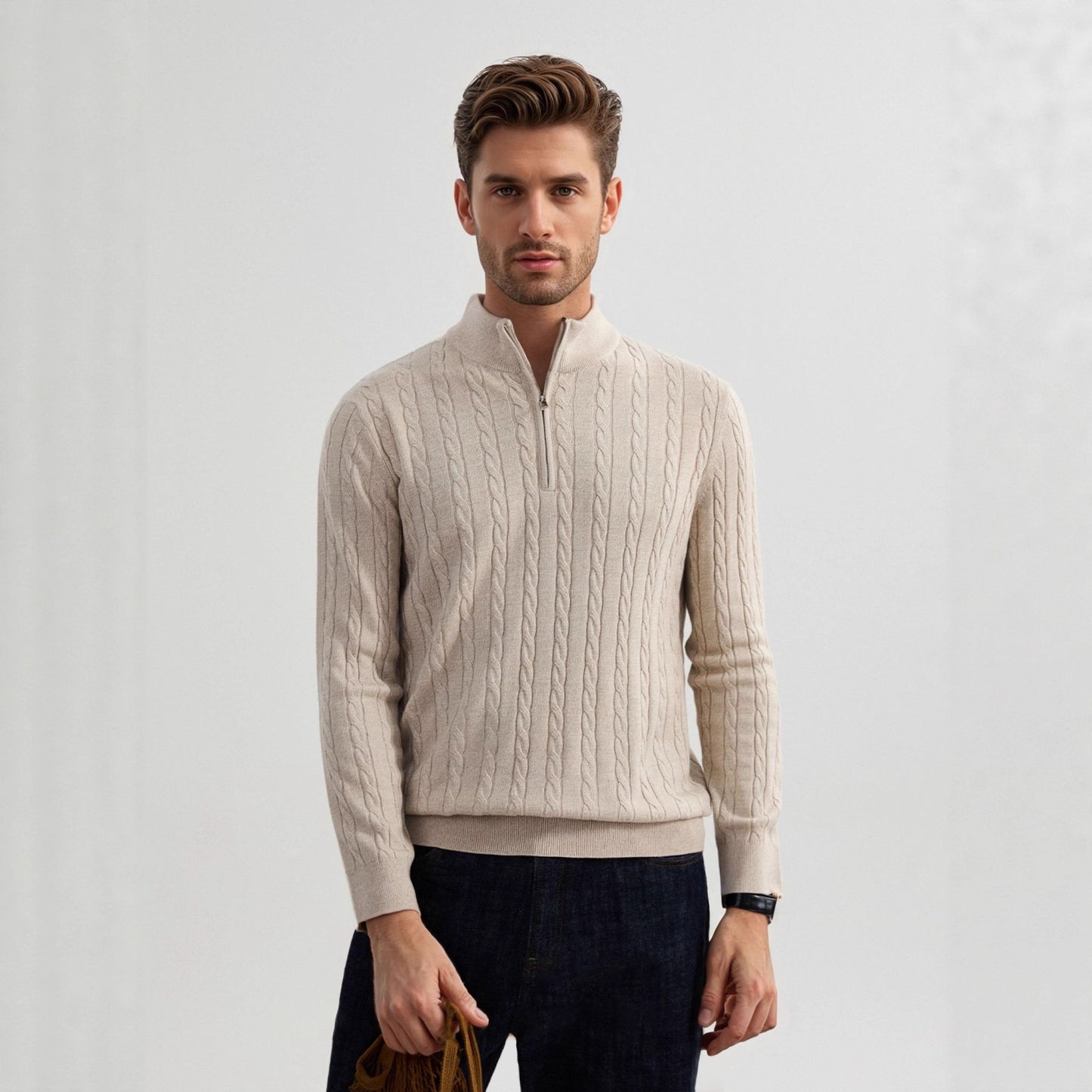 American Old Money Style Stand Collar Twisted Men's Casual Zipper Sweater