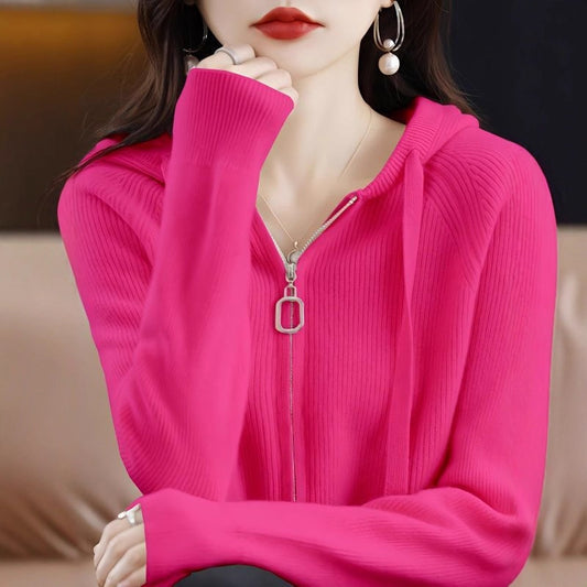 Womens Loose-Fit Zip-Up Hooded Outer Sweater