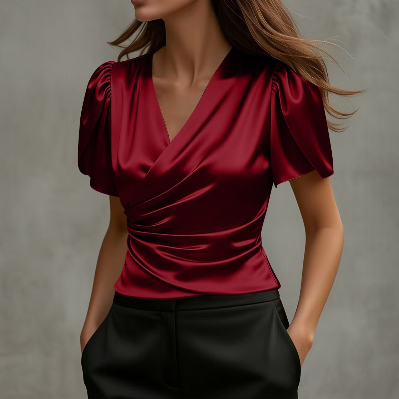 Women's Irregular Designer-Style Pleated Short-Sleeve Shirt
