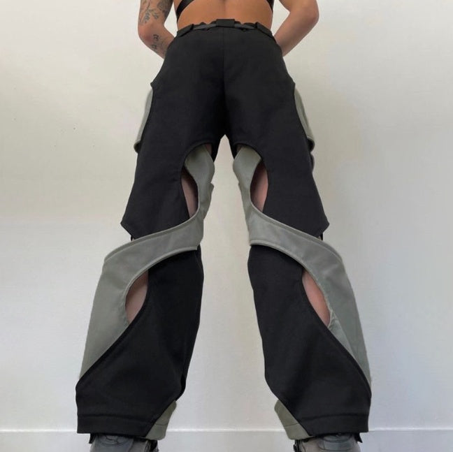 Street Chic Hollow-out Cross Design Contrast Color High Waist Woven Pants