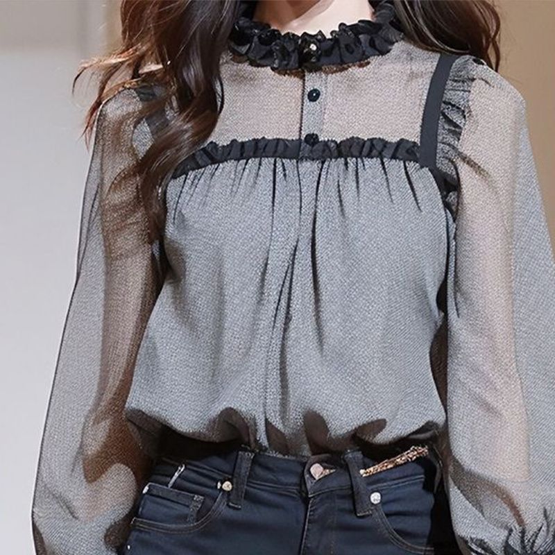 Black Ruffled Collar Long Sleeve Shirt