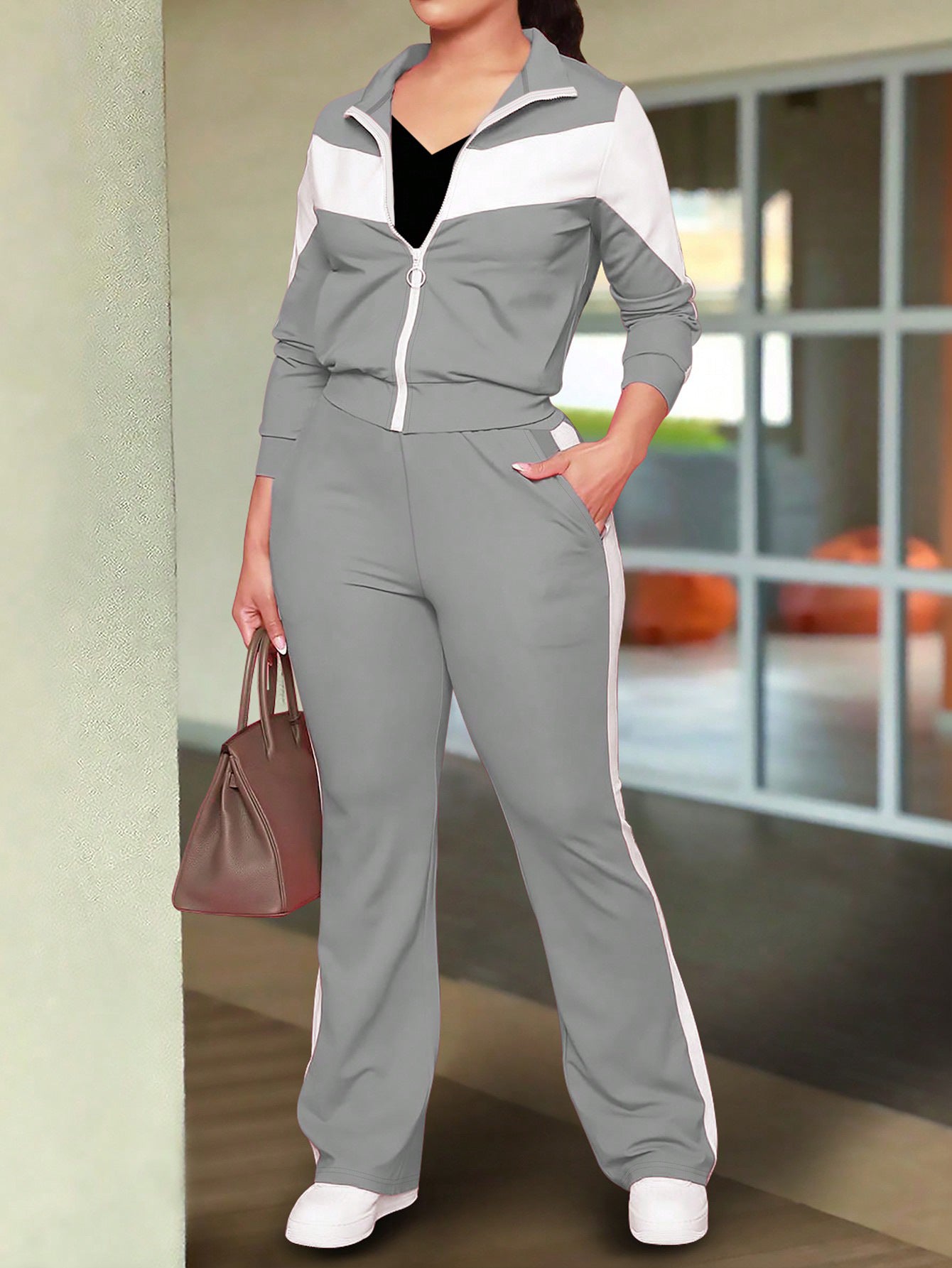 Fashionable And Comfortable Color-block Sporty Zip-up Jacket And Casual Pants Two-piece Set