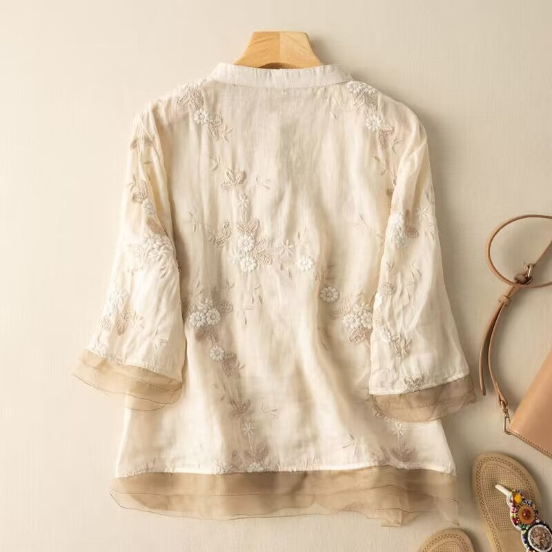 Artistic Retro Heavy Industry Embroidered Cotton And Linen Top
