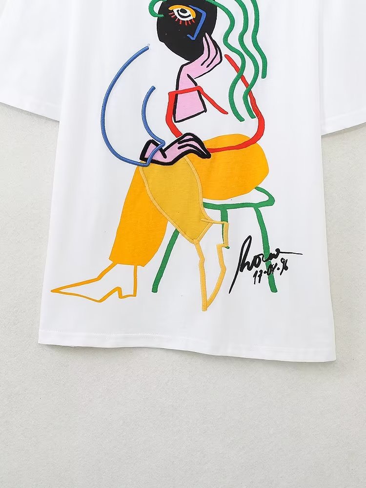Women's Printing Color Contrast Round Neck Short Sleeve T-shirt