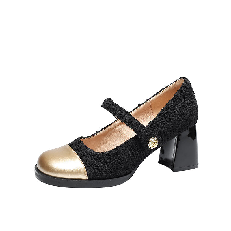 Retro Round Toe Color Matching Thick Heeled Shoes