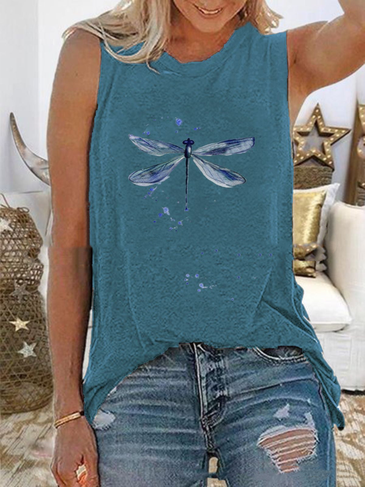 European And American New Dragonfly Print Sleeveless Vest