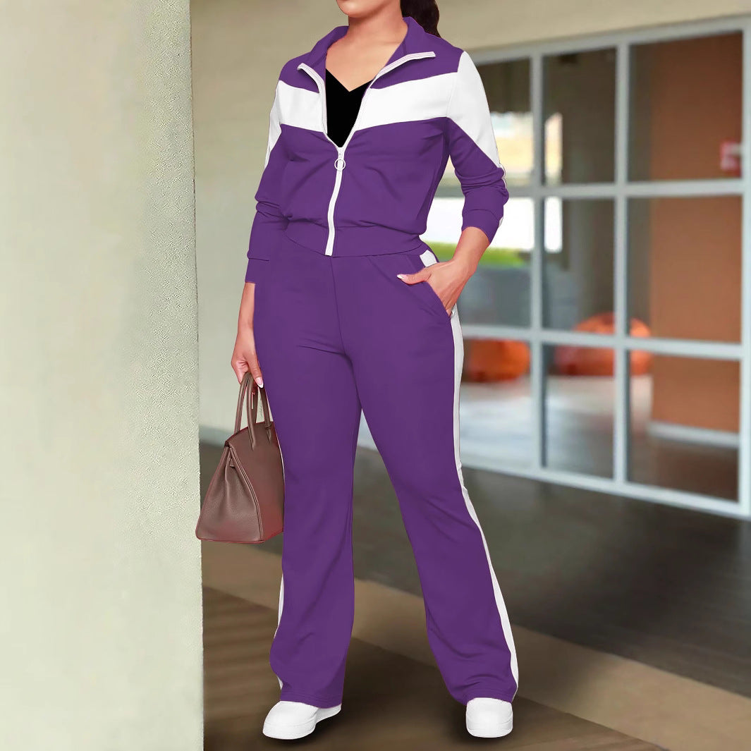 Fashionable And Comfortable Color-block Sporty Zip-up Jacket And Casual Pants Two-piece Set