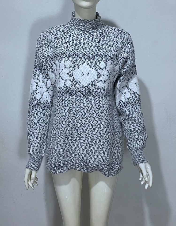 Embroidered Jacquard Pullover Loose Bottoming Shirt Mock Neck Sweater Coat