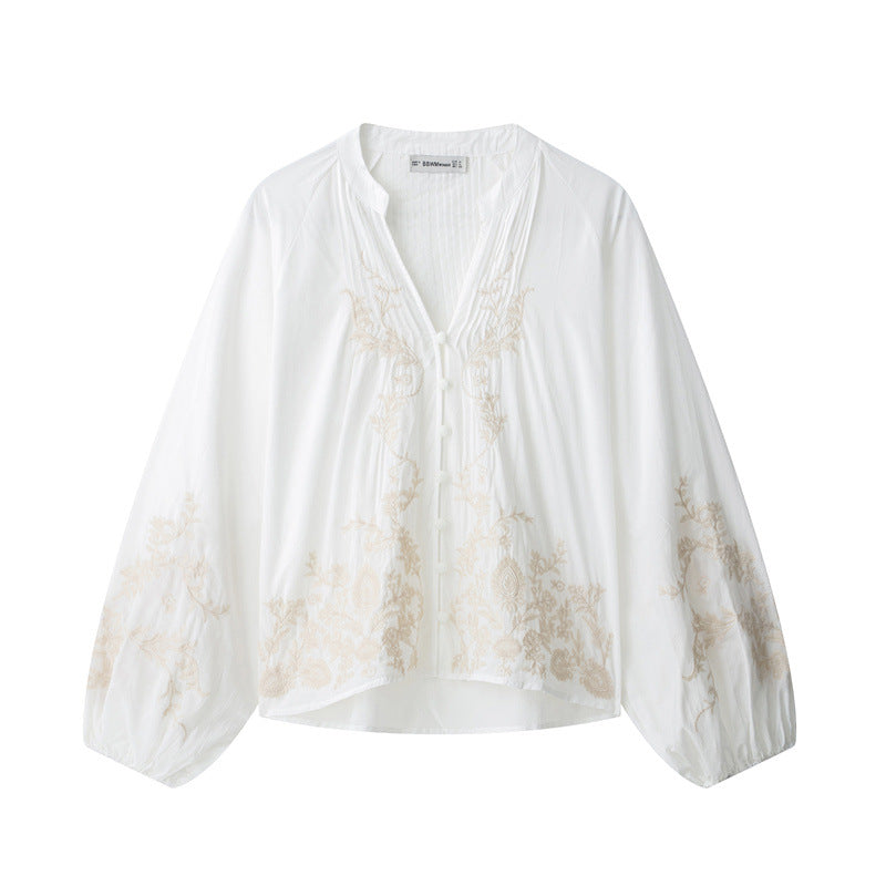 Ethnic Floral Positioning Embroidered Flower Long Sleeve Shirt