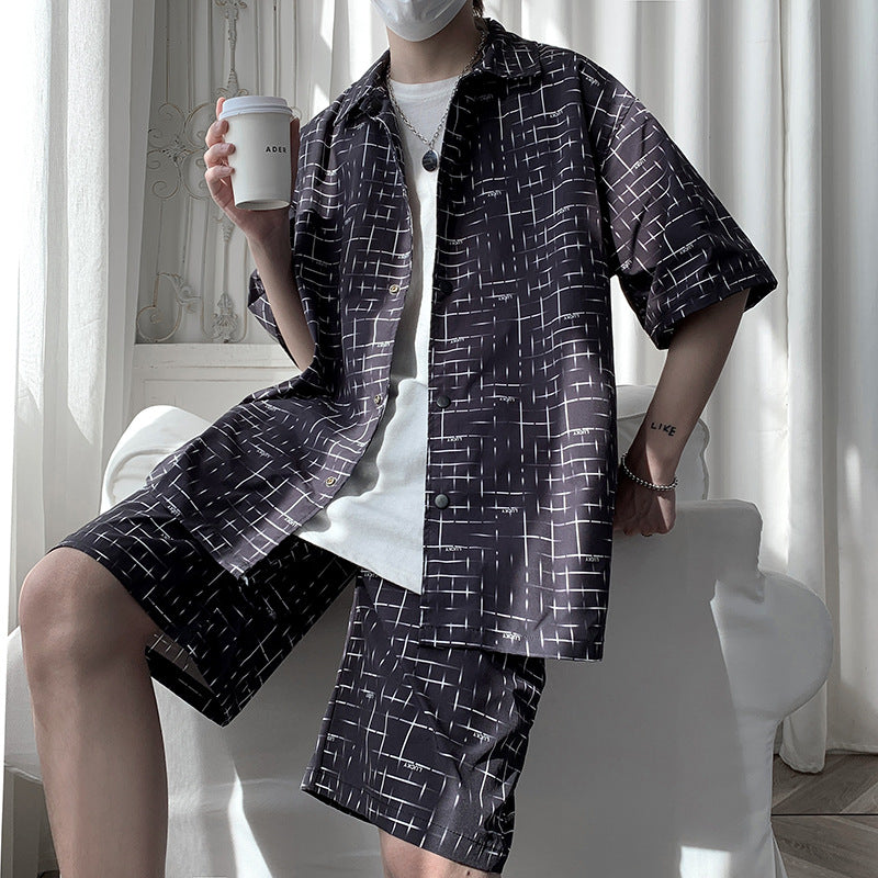 Casual Printed Cardigan Shorts Suit Young Students Loose Sports