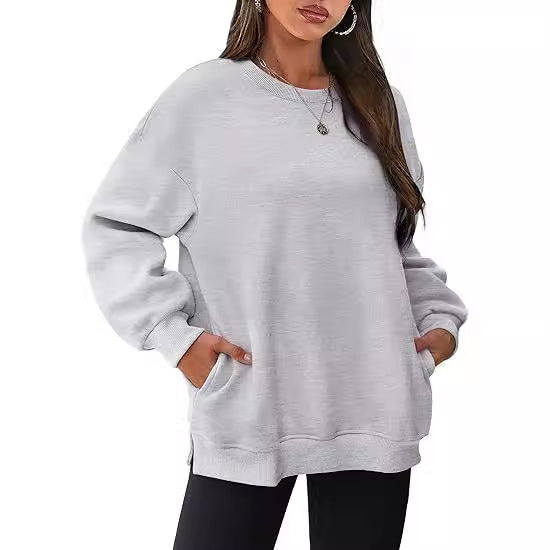 Rundhalset pullover til kvinder – Oversized løs sweatshirt i velour med lange ærmer
