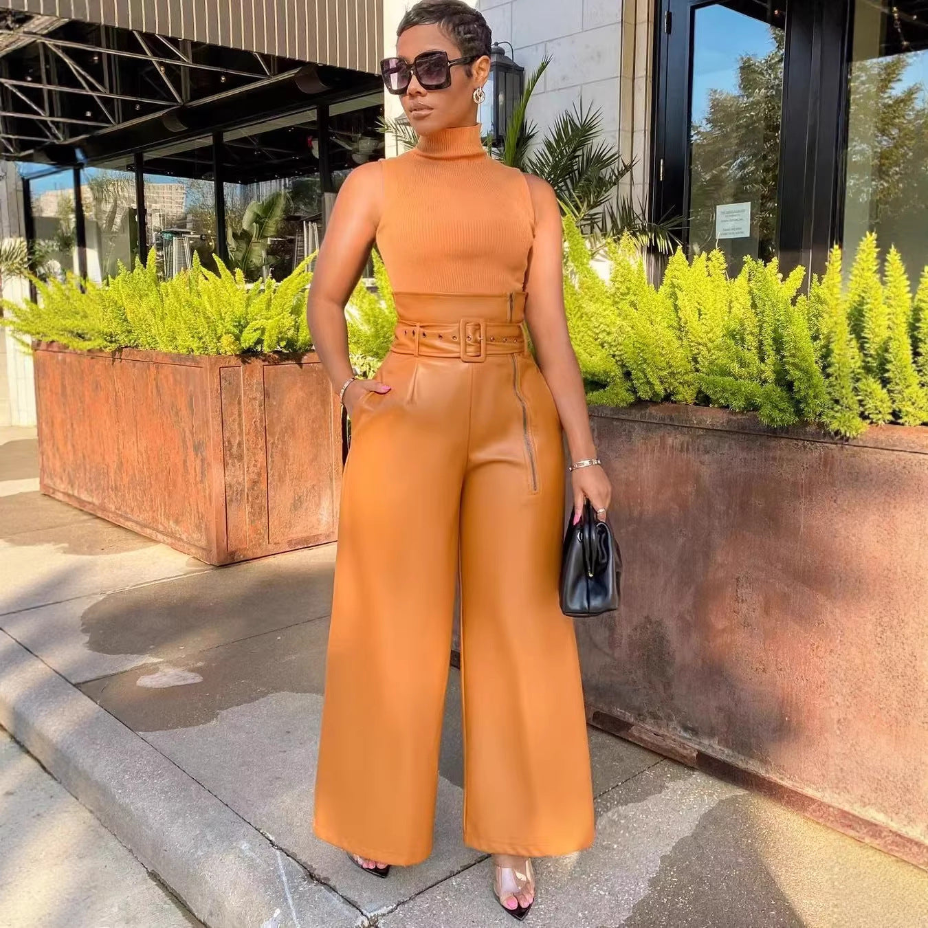 Womens PU High-waisted Wide-leg Pants