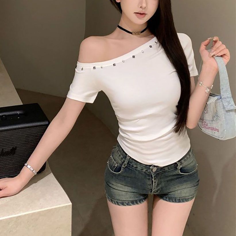 Womens Asymmetrical Off-Shoulder Short-Sleeve Slim-Fit Top