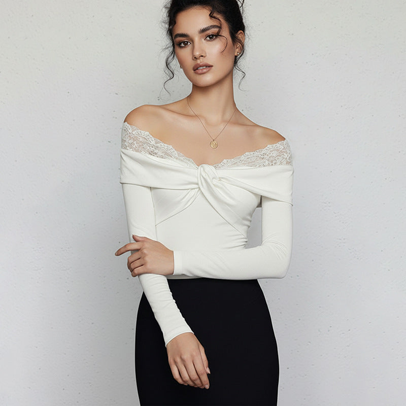 Sexy Lace-embellished Off-shoulder White Long-sleeve Bodycon Jumpsuit