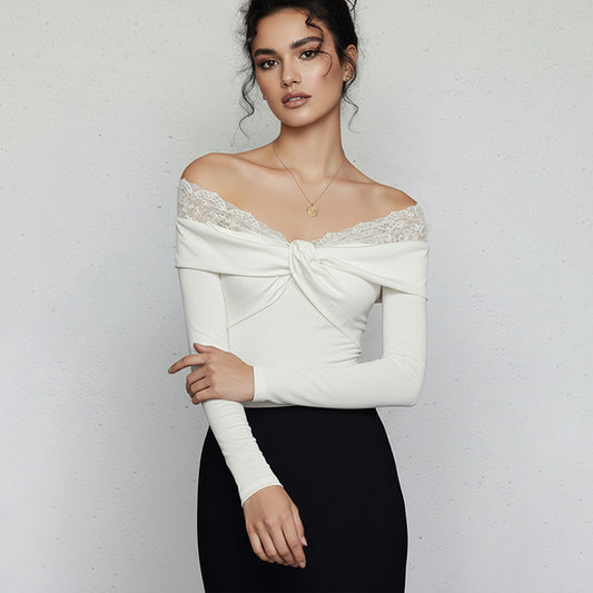 Sexet blondebesat, off-shoulder, hvid langærmet bodycon jumpsuit