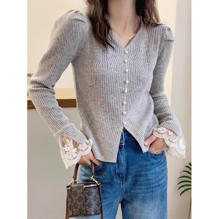Korean Style Sense Of Design Long Sleeve Lace Splicing Knitwear