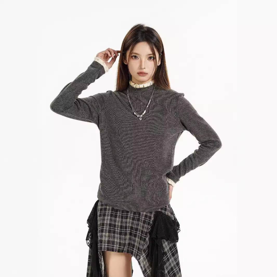 Long Sleeve Knitted Warm Lace Trim Inner Wear Blouse