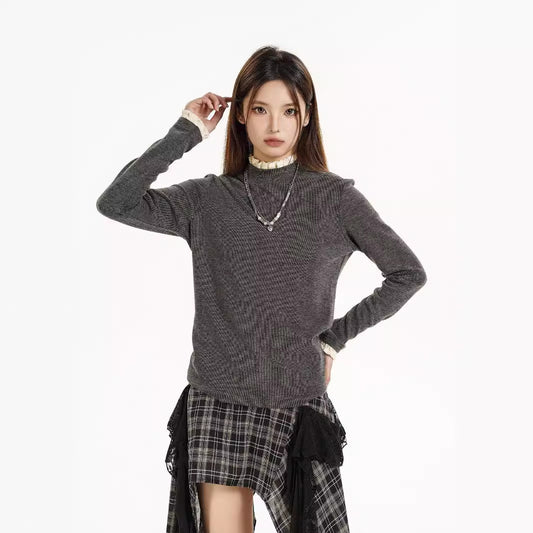 Long Sleeve Knitted Warm Lace Trim Inner Wear Blouse