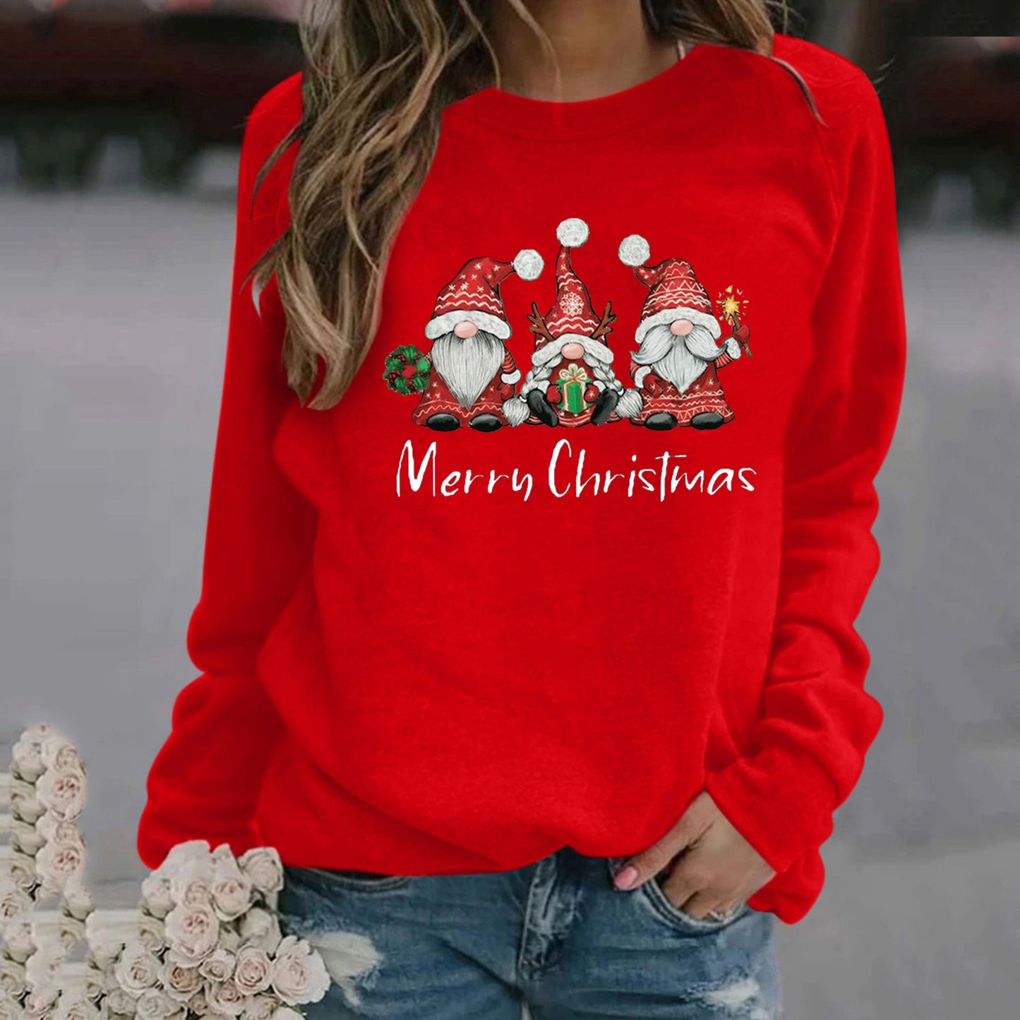 Christmas Pattern Printed Long Sleeve Round Neck Sweater Women