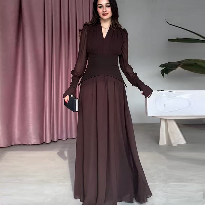 Lace-up V-neck Light-luxury Waist-cinching Maxi Dress With A Flared Hem