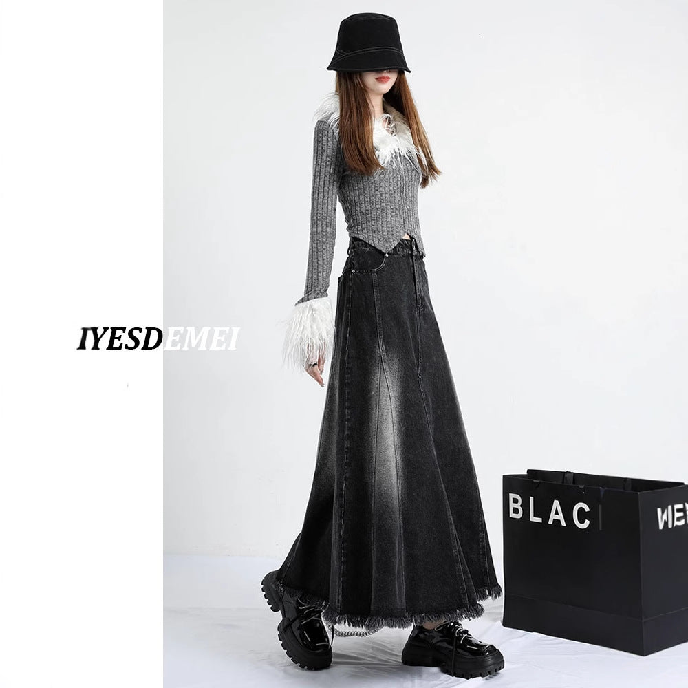 Black Denim Skirt Women's Irregular Mid-length A- Line Version Burrs Slimming