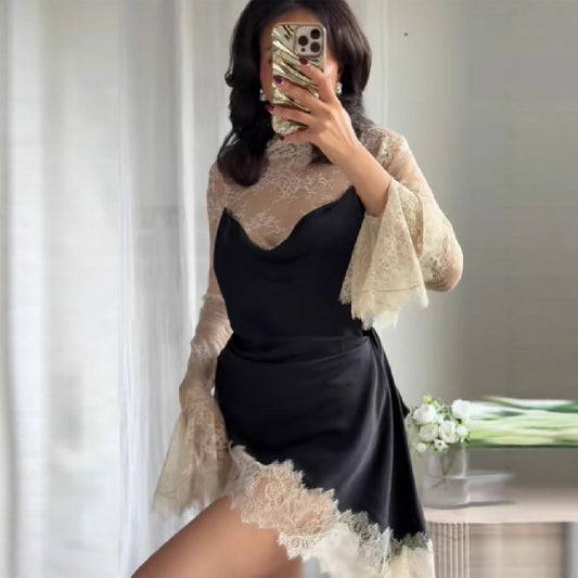 Sexy Long-Sleeve Lace-Patchwork Satin Mini Dress