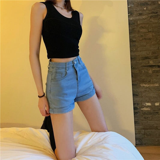 Women's Solid Color High Waist Curl Denim Shorts