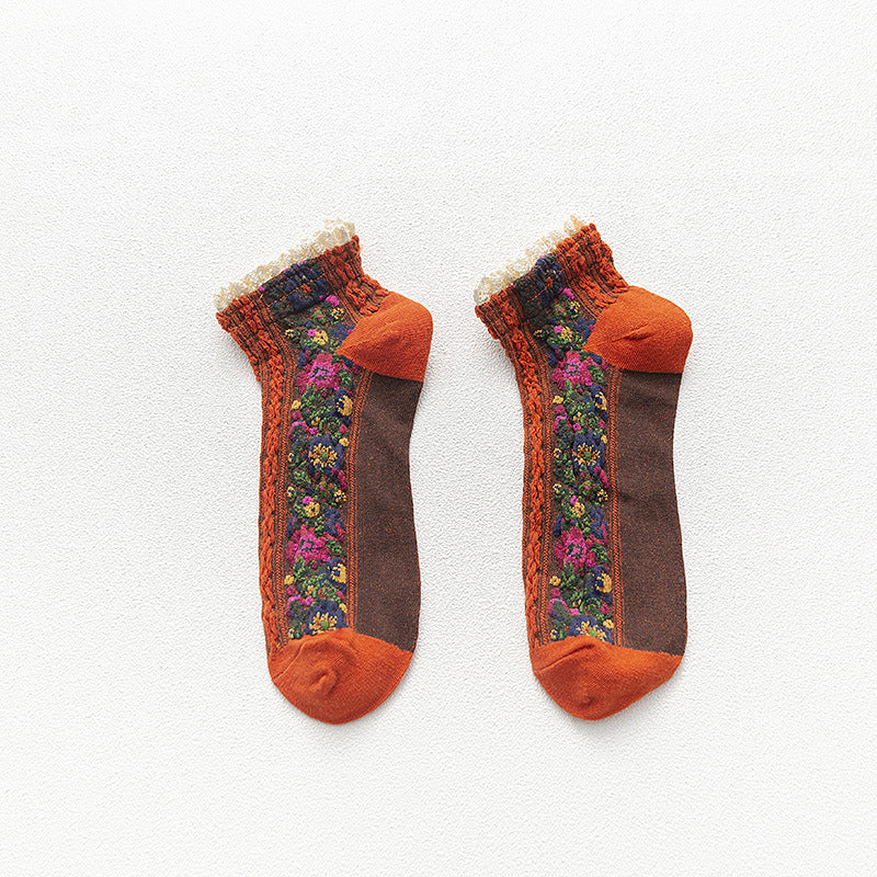 Women's New Lace Cotton Retro Small Floral Boat Socks