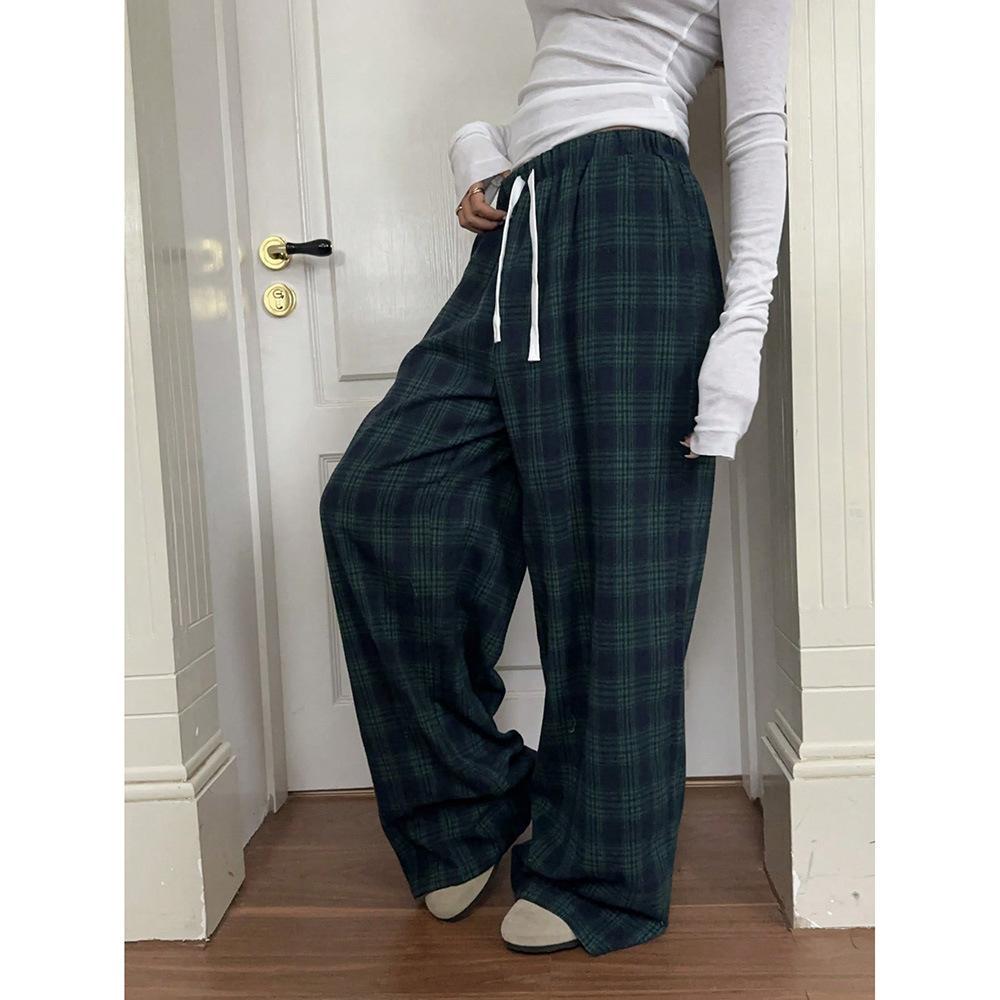 Womens Retro American-Style Color-Block Plaid Casual Pants
