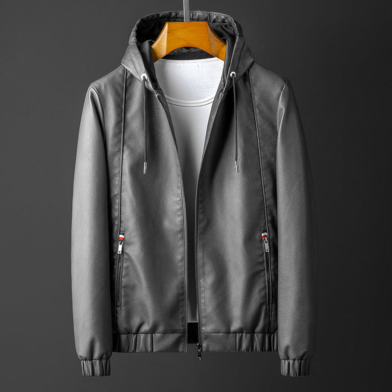 Slim-fit Hood Leather Men's Spring And Autumn Fashion Casual Leather Jacket