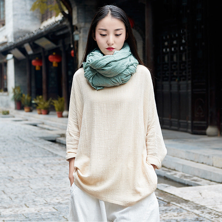 Cotton And Linen Breathable Retro National Long Sleeve Pullover T-shirt