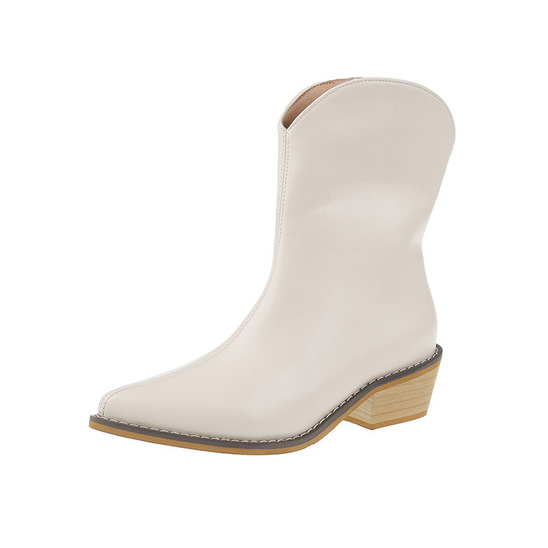 Spring And Autumn Models Pointed Toe Mid-tube Thick Heel Martin Boots