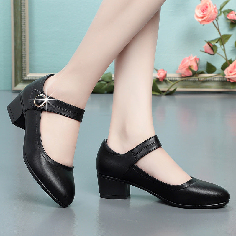 Shallow Mouth Flat Buckle Thick Heel Single Shoes Round Toe