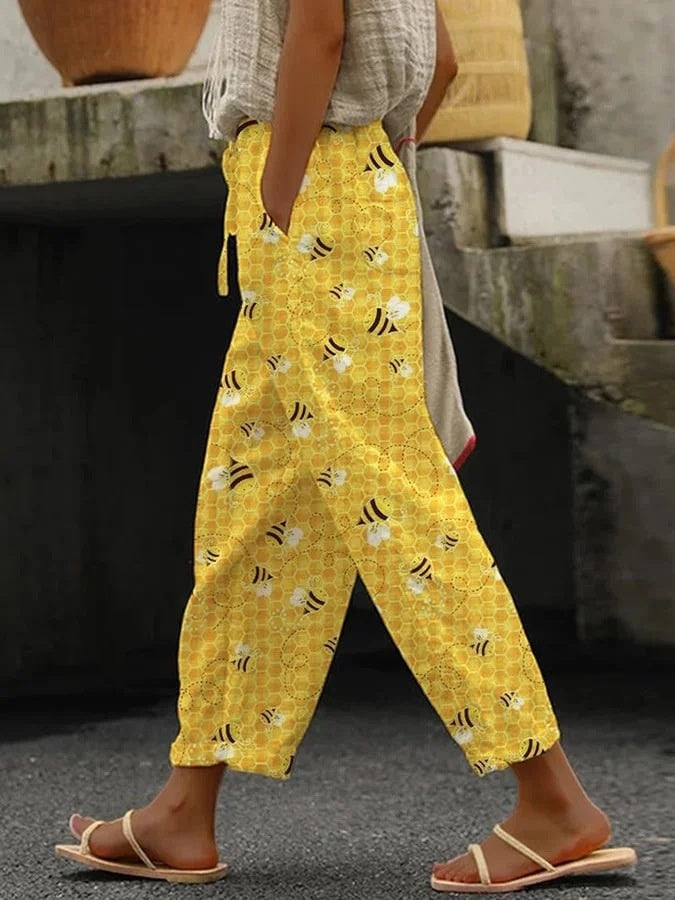 Feminine Digital Printed Minimalist Rolled Edge Casual Pants