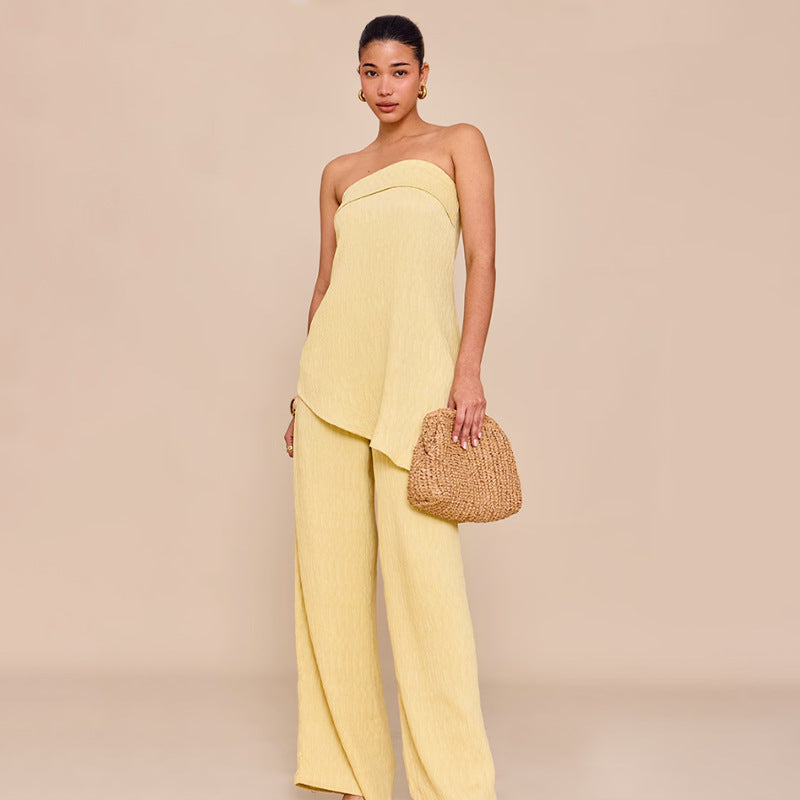 Womens Elegant Sexy Casual Loose Tube Top And Ice Silk Pleated Solid Color Straight Pants Set