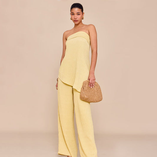 Womens Elegant Sexy Casual Loose Tube Top And Ice Silk Pleated Solid Color Straight Pants Set
