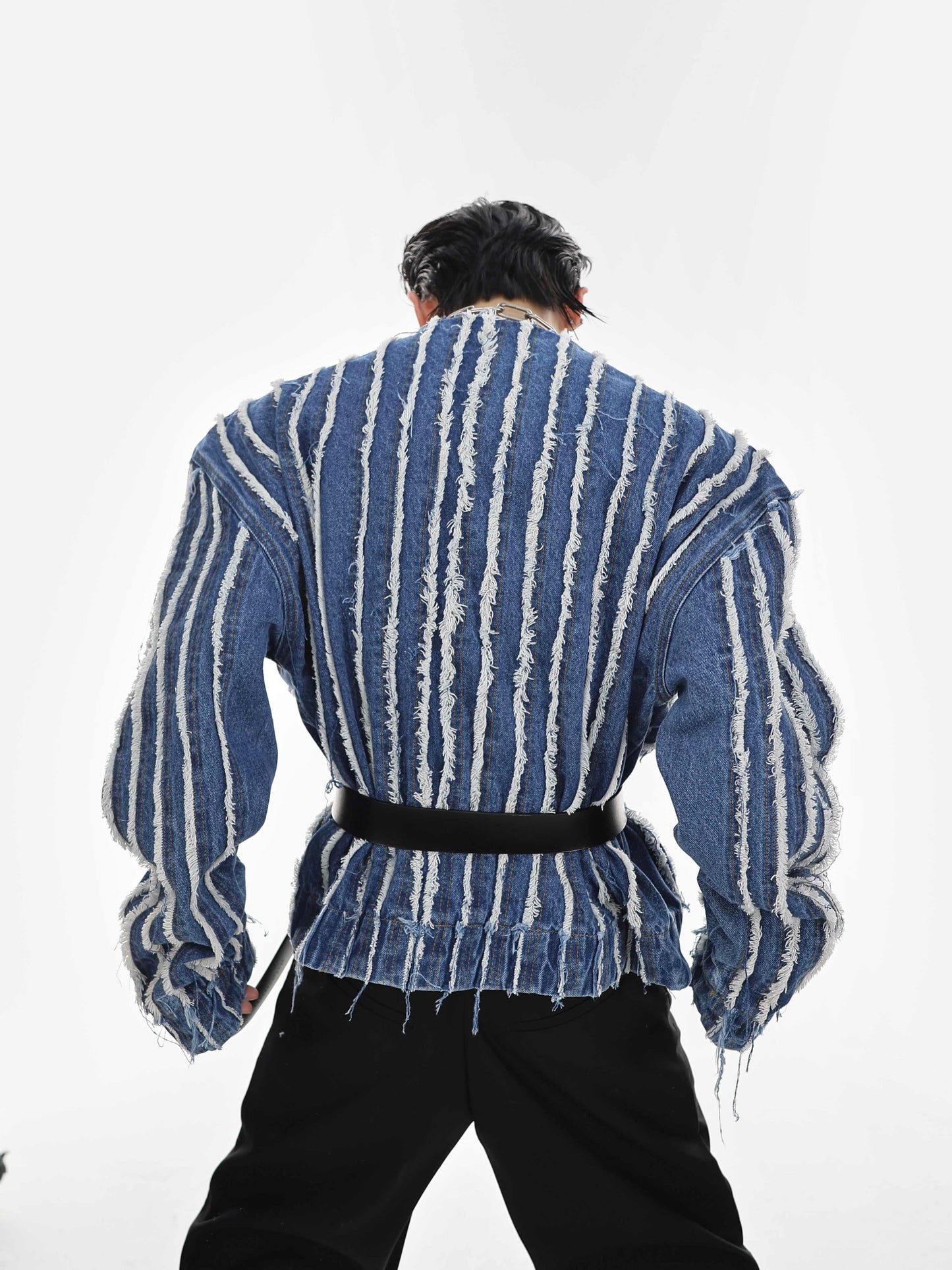 Three-dimensional Striped Tassel Denim Jacket Collarless Jacket Washed Top