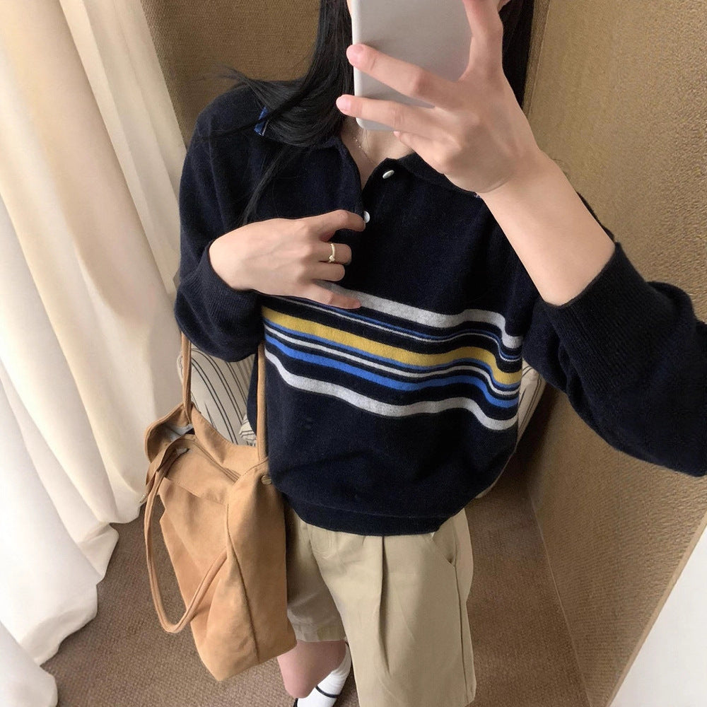 Striped Polo Collar Pullover Women's Loose Sweater
