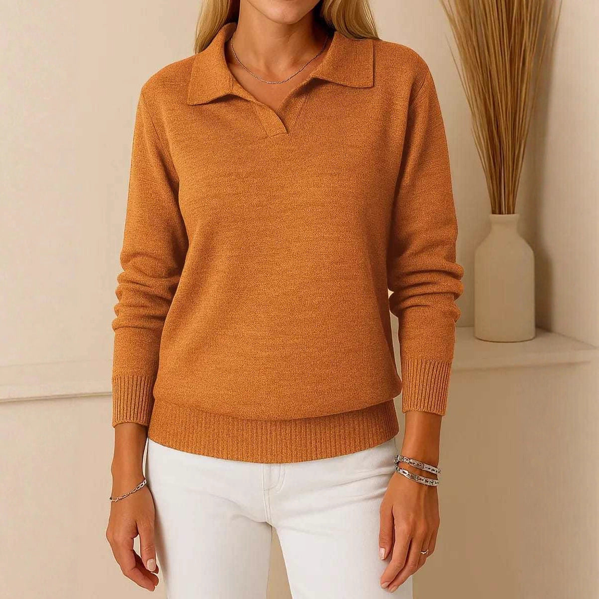 Solid-color Long-sleeve Casual Loose-fitting Polo-neck Knit Pullover