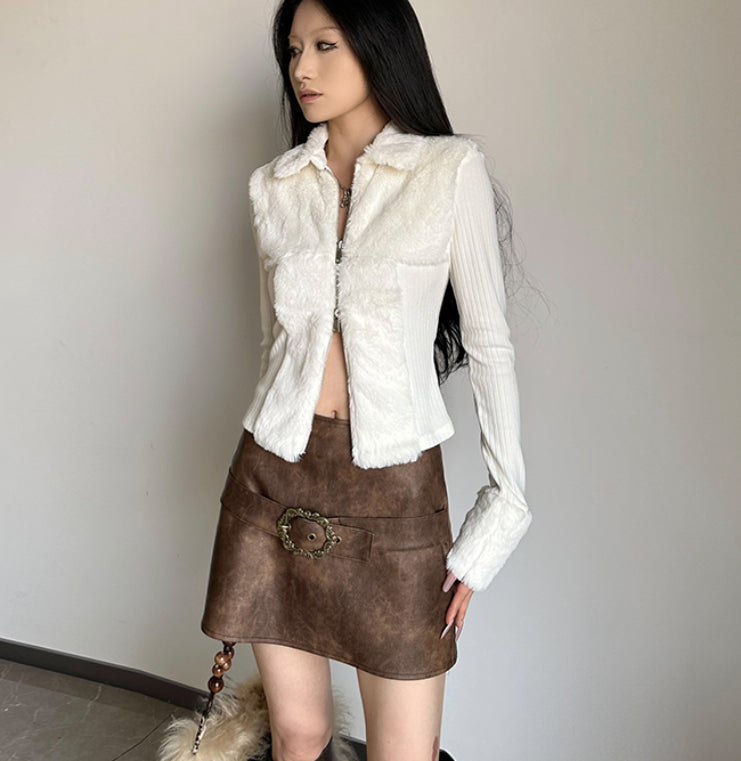 Double-sided Zipper Cardigan With Lapel And Furry Patch Long Sleeve Top