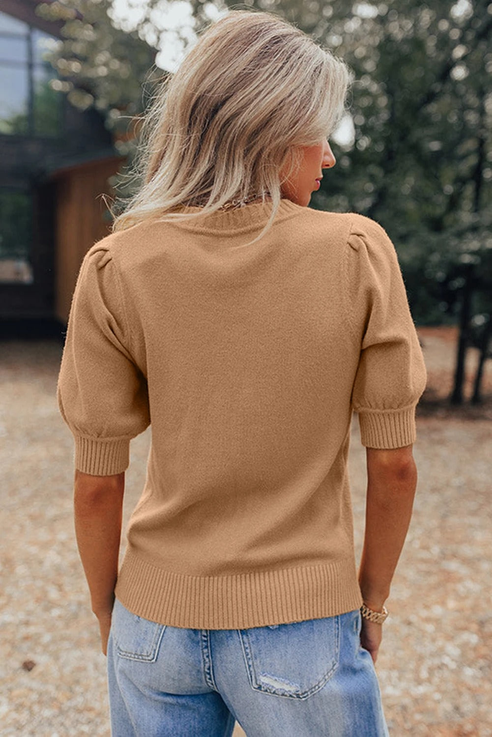 Women's Solid Color Half-high Neck Lantern Sleeve Knitted Short Sleeve