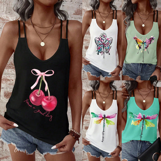 Sleeveless Top With Butterfly Print And Double Straps