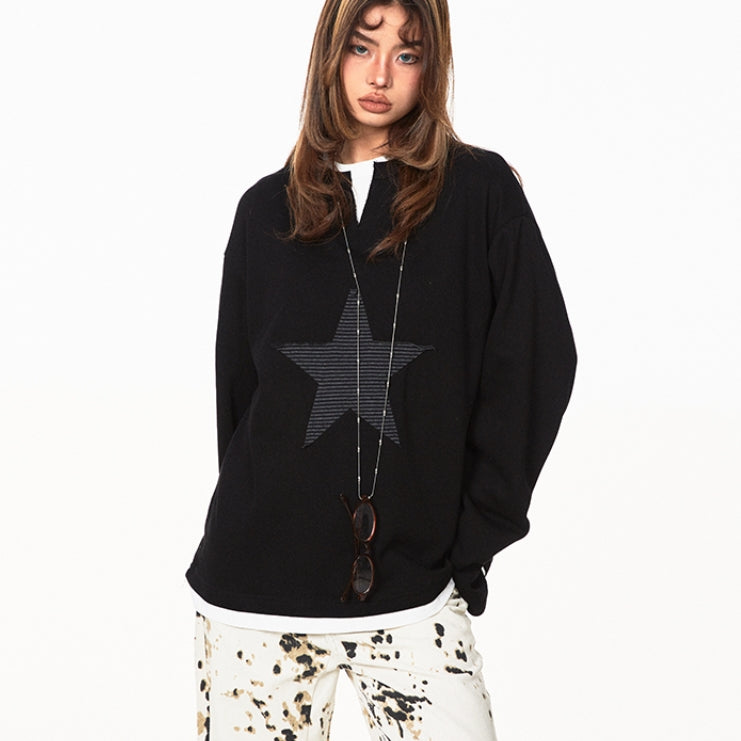 American Retro Fake Two-piece XINGX Patch Sweater