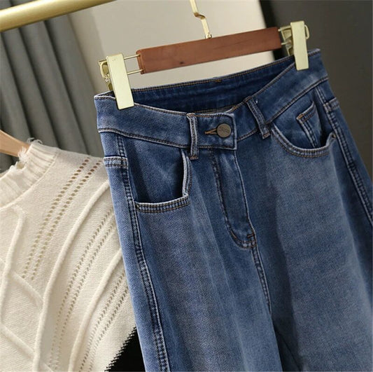 Fleece  And Thick Blue High-waisted Daddy Jeans For Children Fall Winter