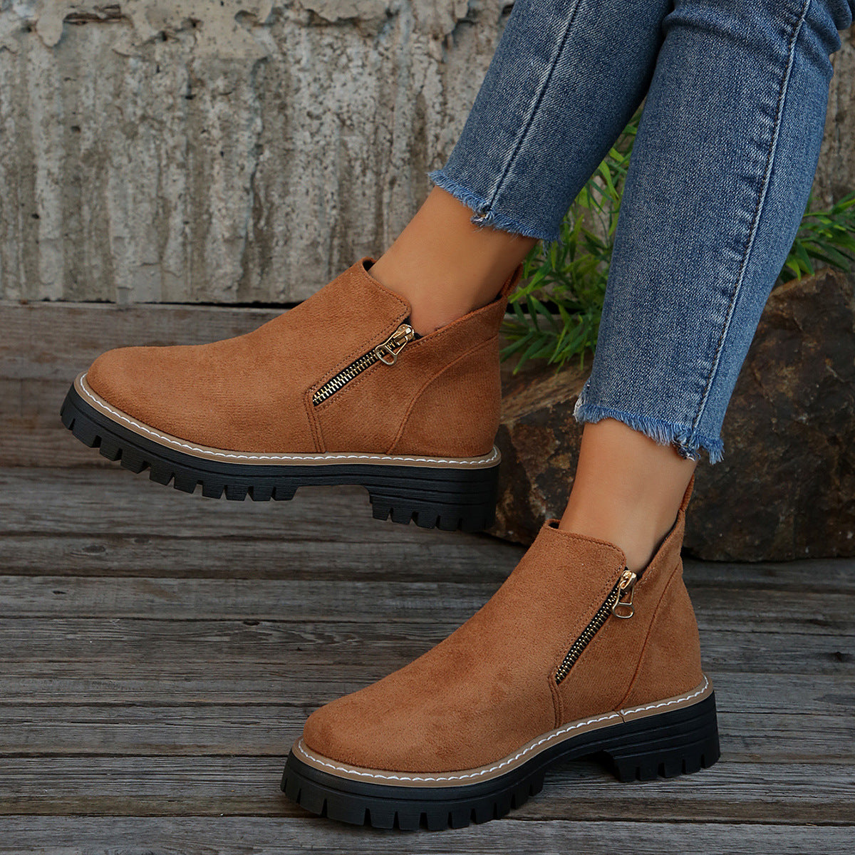 Fashion Ankle Boots With Side Zipper Ins Chunky Boots Autumn Winter Suede Shoes Women
