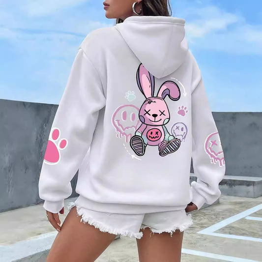 Europæisk og amerikansk stil dame-sweater med sænkede skuldre, printet hætte og lange ærmer – enkelt nyt produkt