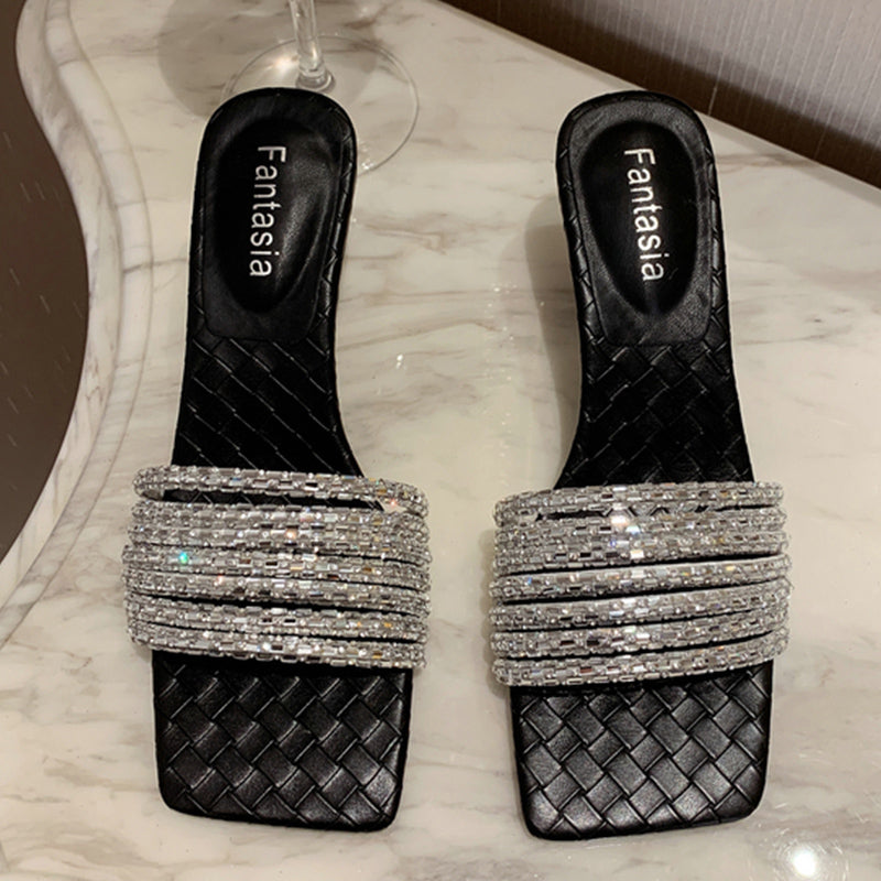 Korean Style Flip Flops Rhinestone Slippers Woven Pattern Toe Stiletto