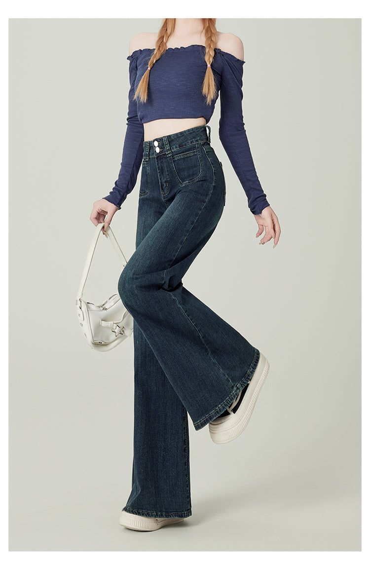 Dame-vintageblå jeans med høj talje