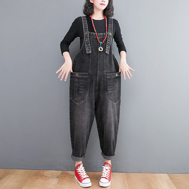 Kvinders litterære og kunstneriske denim-overalls, retro, plus size, løse